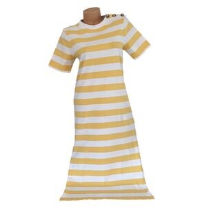 Sezane XS EMY Yellow White Striped Midi T-Shirt Dress Shoulder Button Side Slit